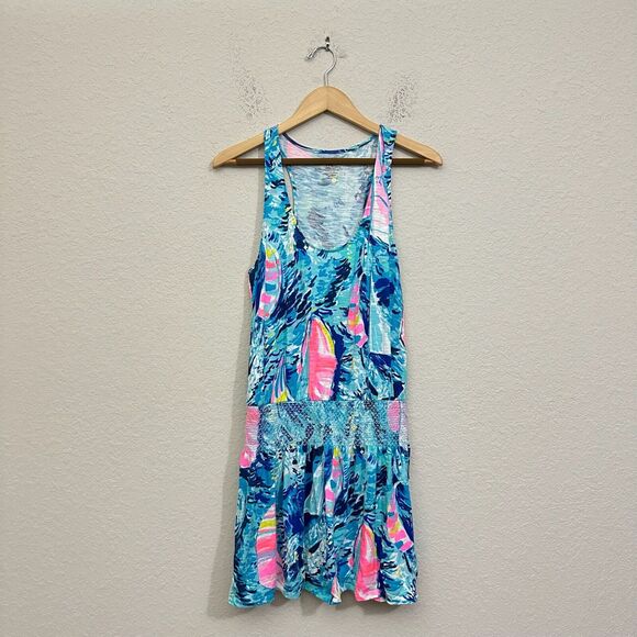 LILLY PULITZER Tideline Mini Dress Sparking Blue Sleeveless Smocked Summer - Picture 1 of 15